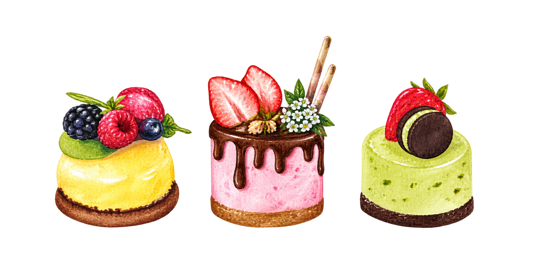 Three watercolor mini cakes